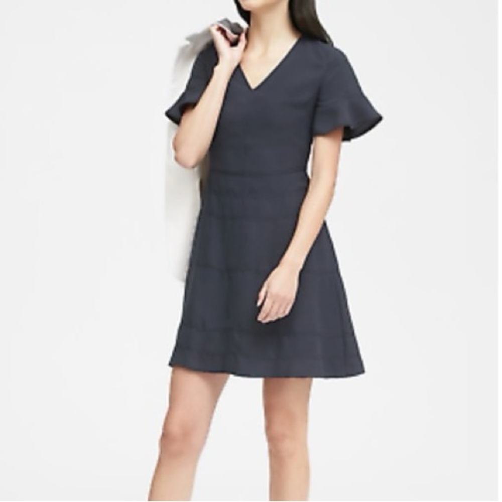 Banana Republic Navy Ruffle Sleeve V-Neck Dress